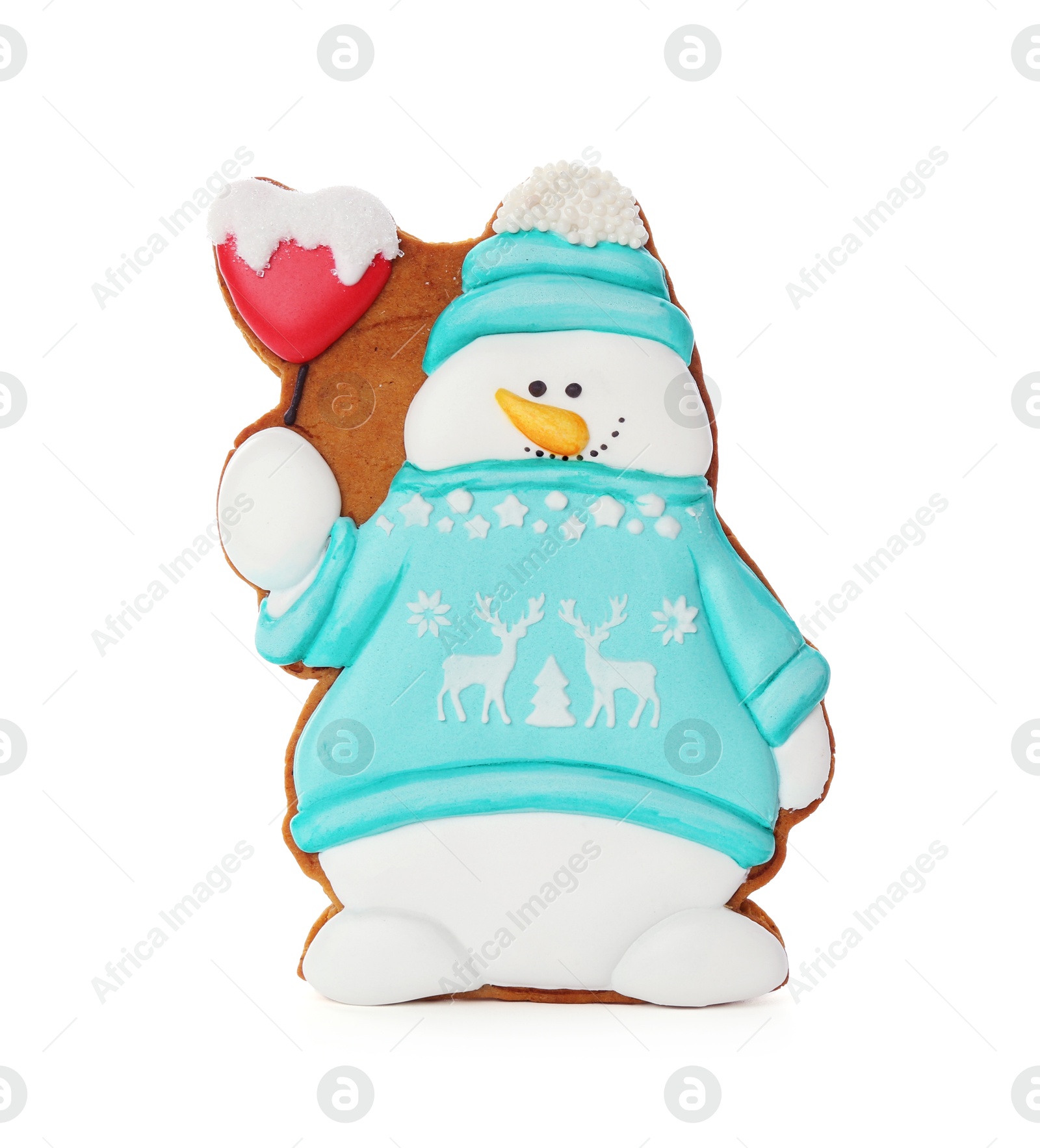 Photo of Tasty Christmas cookie in shape of snowman isolated on white