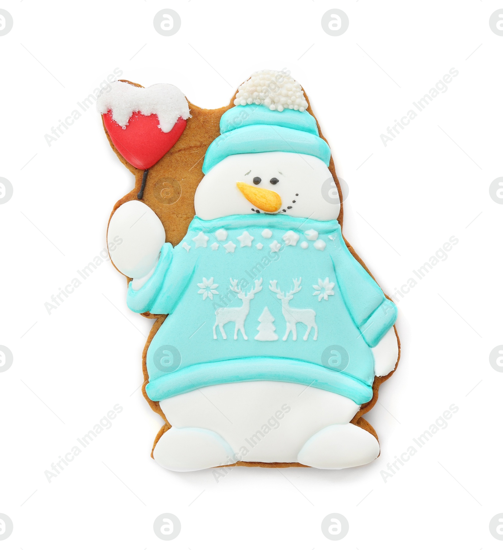 Photo of Tasty Christmas cookie in shape of snowman isolated on white