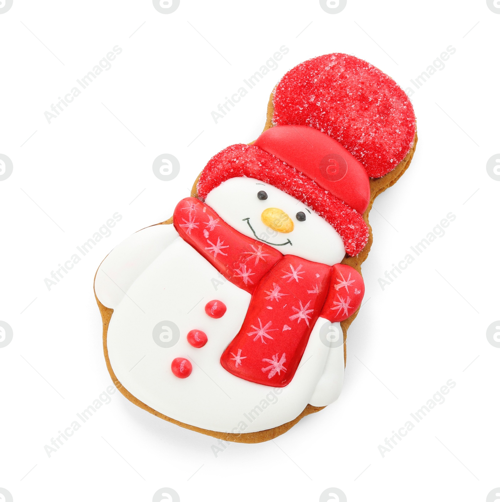 Photo of Tasty Christmas cookie in shape of snowman isolated on white