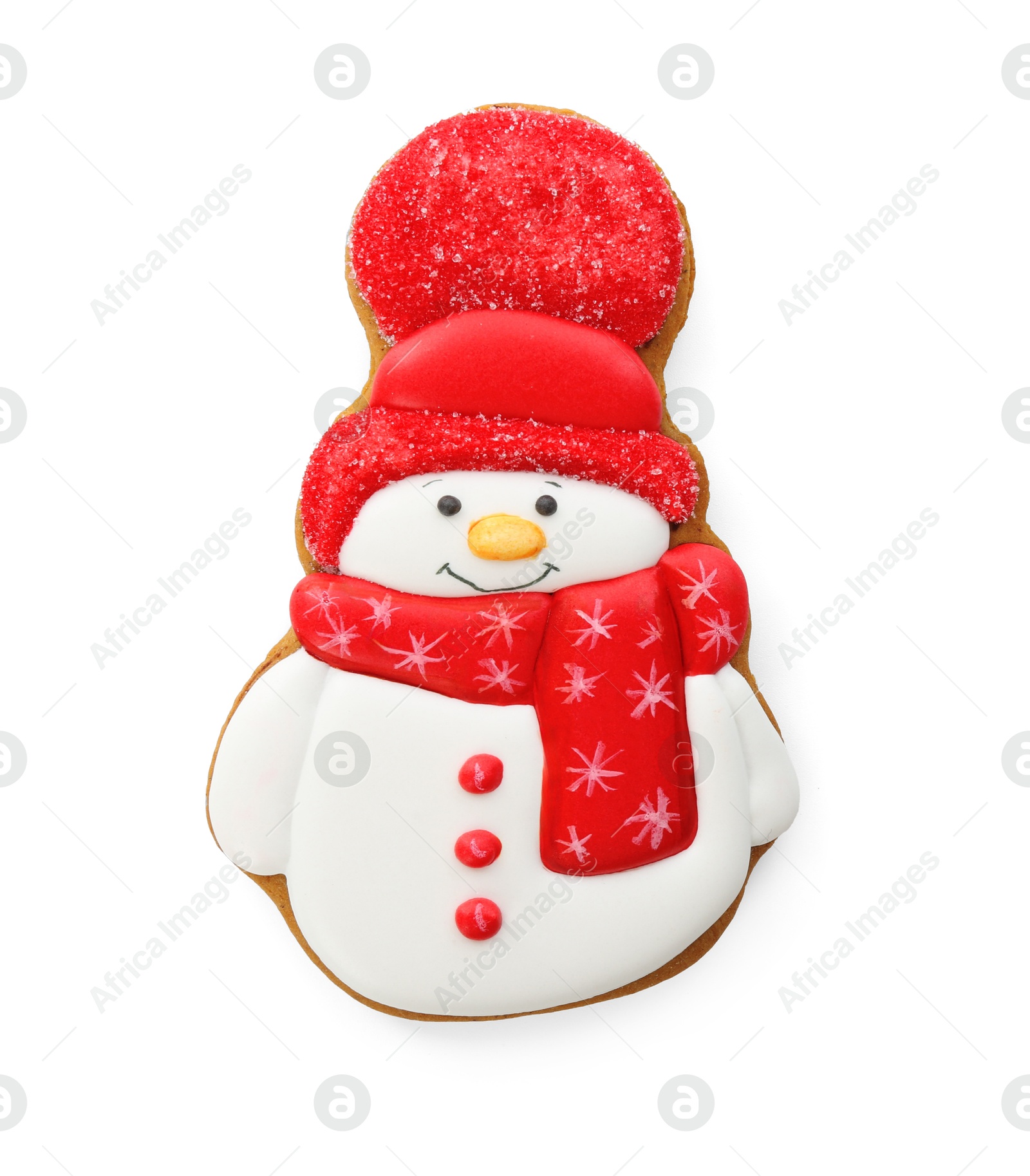 Photo of Tasty Christmas cookie in shape of snowman isolated on white