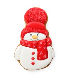 Photo of Tasty Christmas cookie in shape of snowman isolated on white