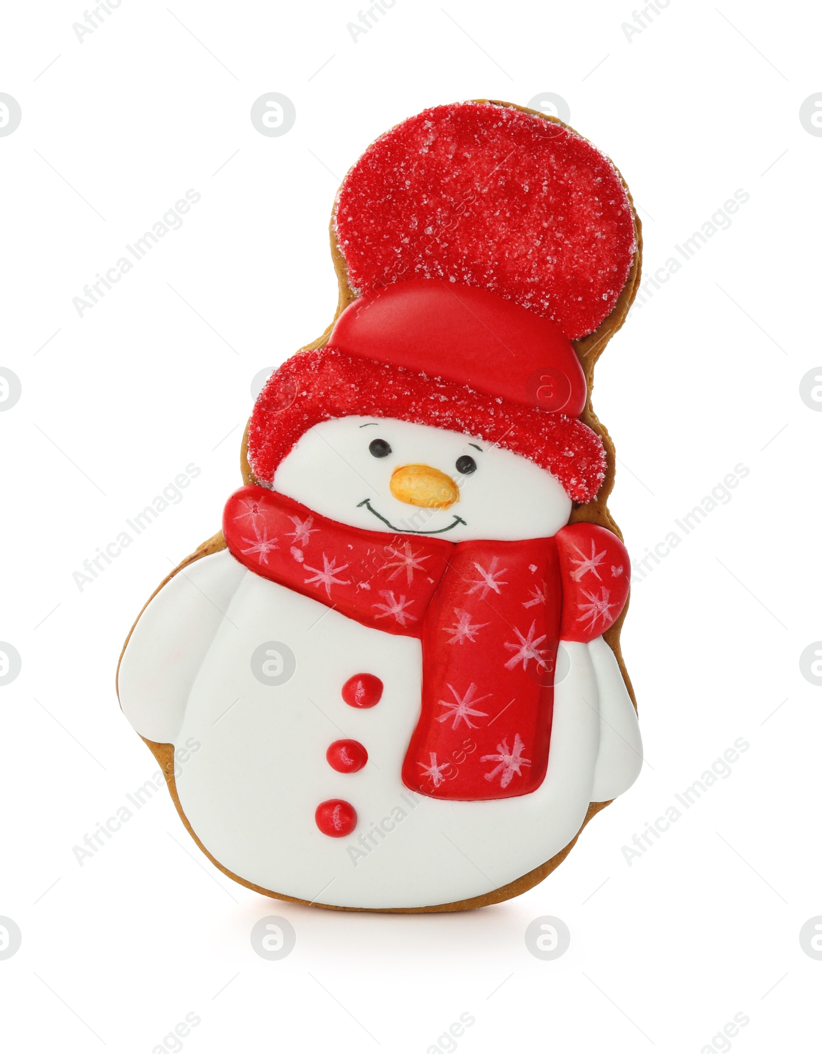 Photo of Tasty Christmas cookie in shape of snowman isolated on white