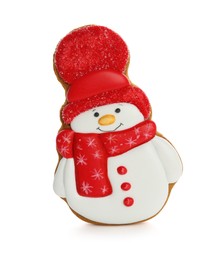 Tasty Christmas cookie in shape of snowman isolated on white