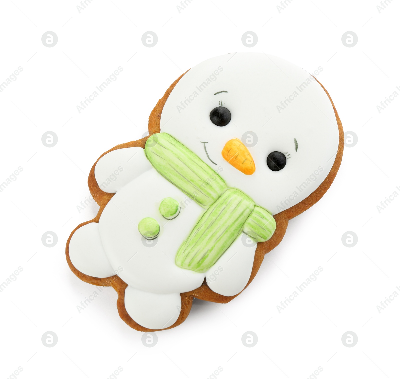 Photo of Tasty Christmas cookie in shape of snowman isolated on white