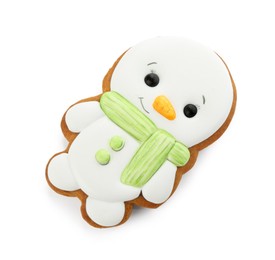 Photo of Tasty Christmas cookie in shape of snowman isolated on white