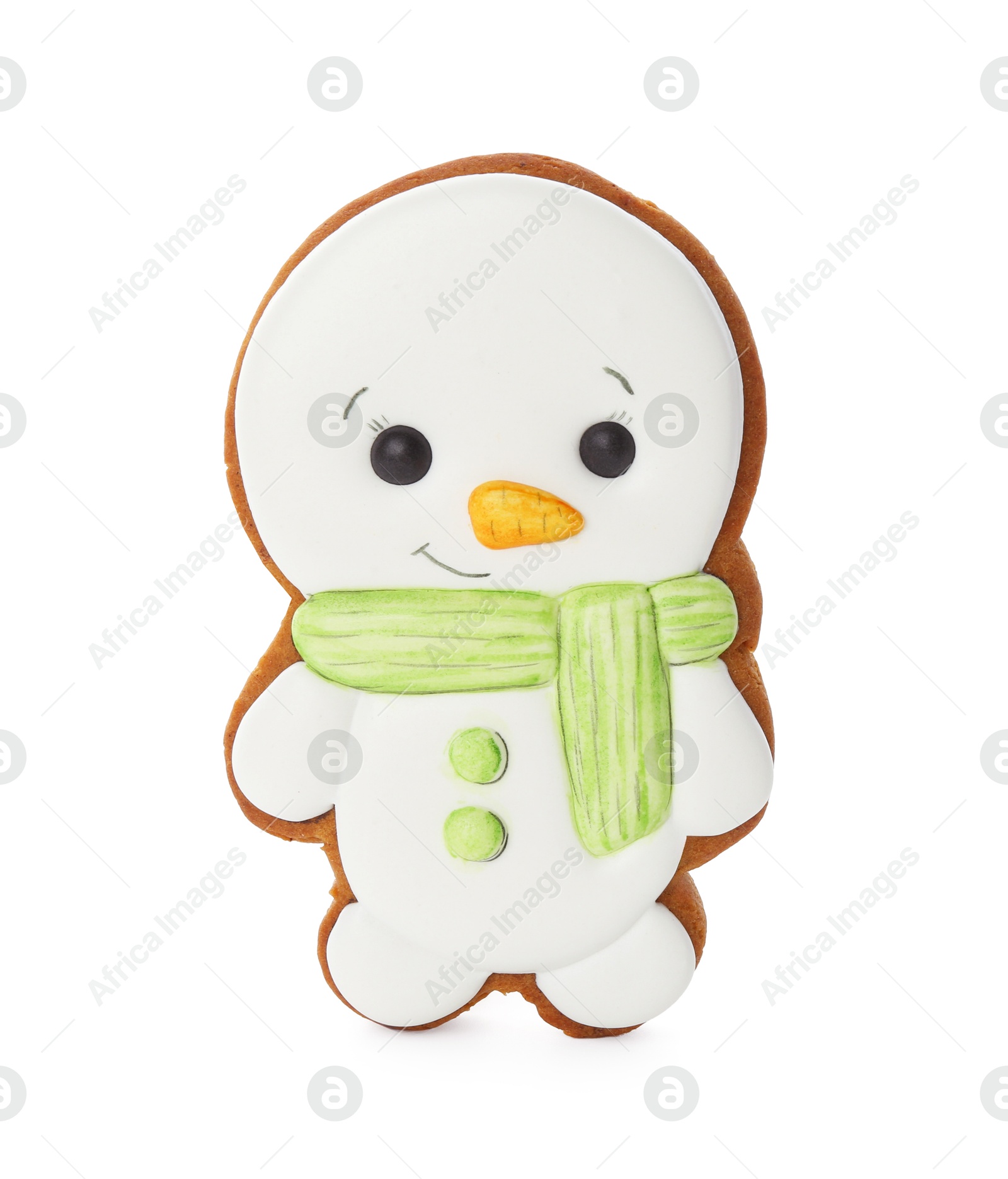 Photo of Tasty Christmas cookie in shape of snowman isolated on white