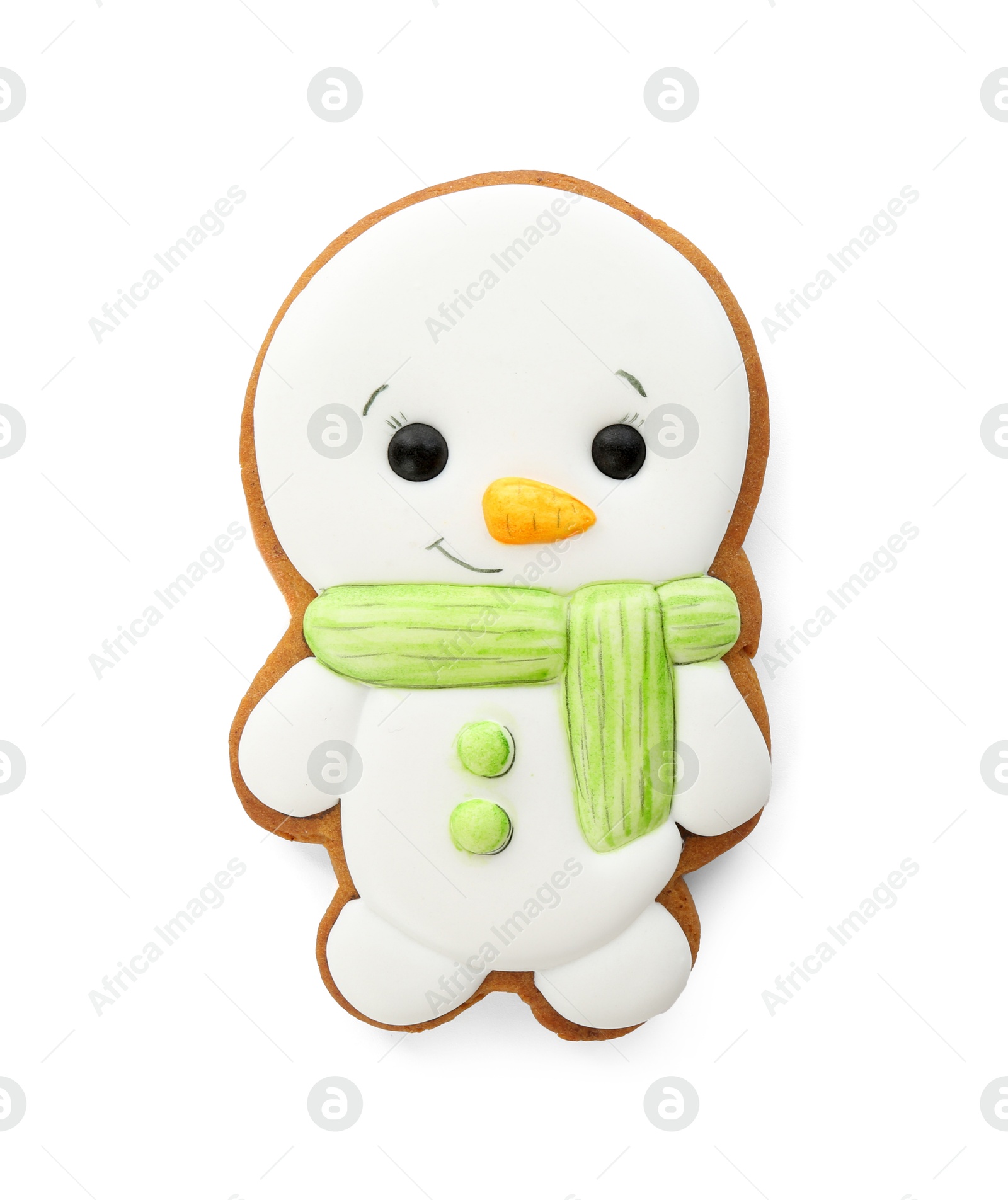 Photo of Tasty Christmas cookie in shape of snowman isolated on white