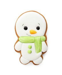 Photo of Tasty Christmas cookie in shape of snowman isolated on white