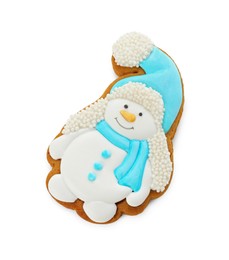 Photo of Tasty Christmas cookie in shape of snowman isolated on white