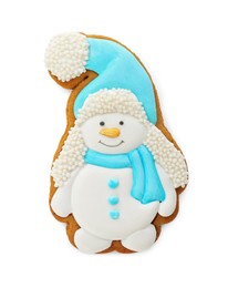 Photo of Tasty Christmas cookie in shape of snowman isolated on white