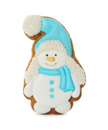 Photo of Tasty Christmas cookie in shape of snowman isolated on white