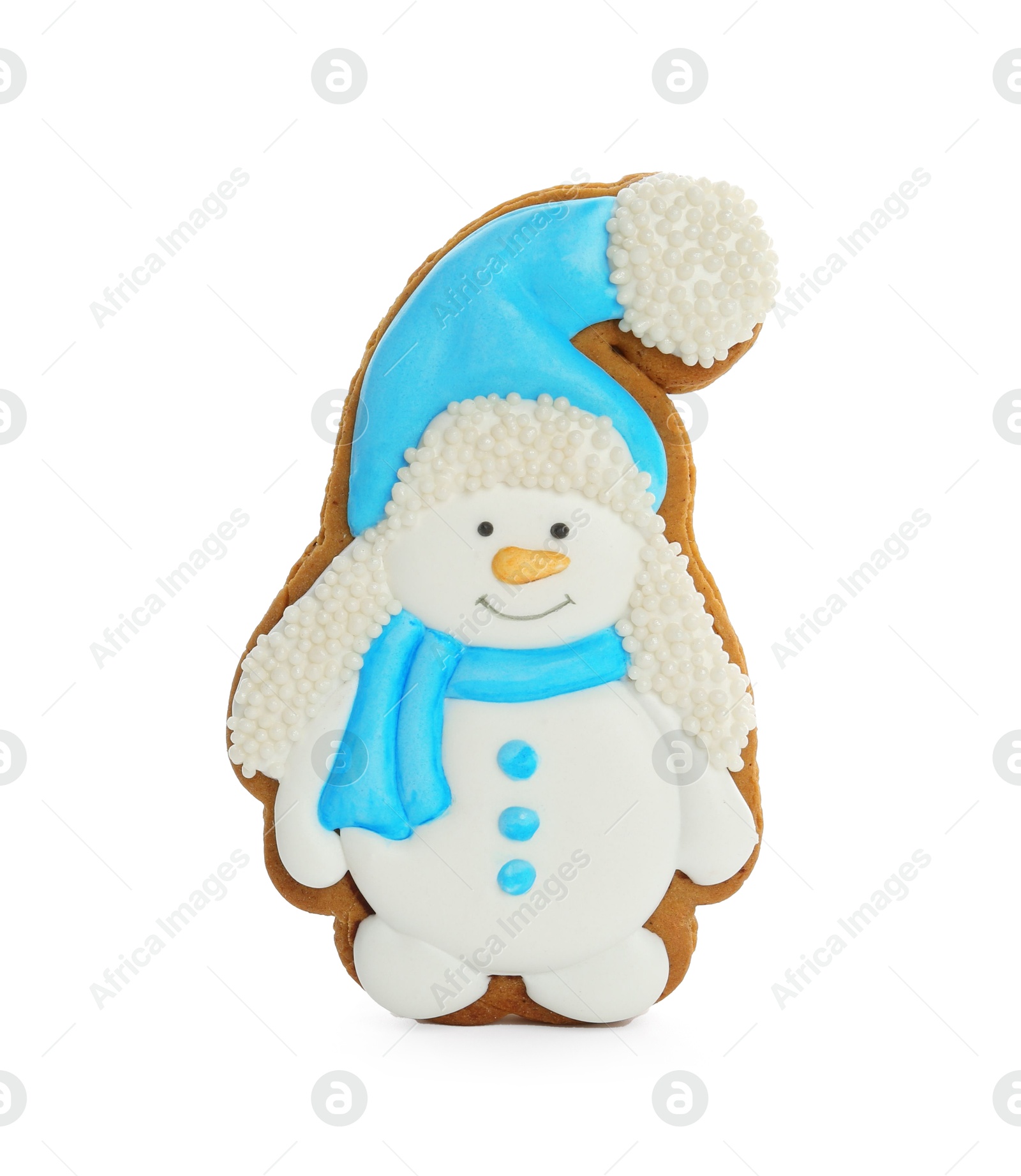 Photo of Tasty Christmas cookie in shape of snowman isolated on white