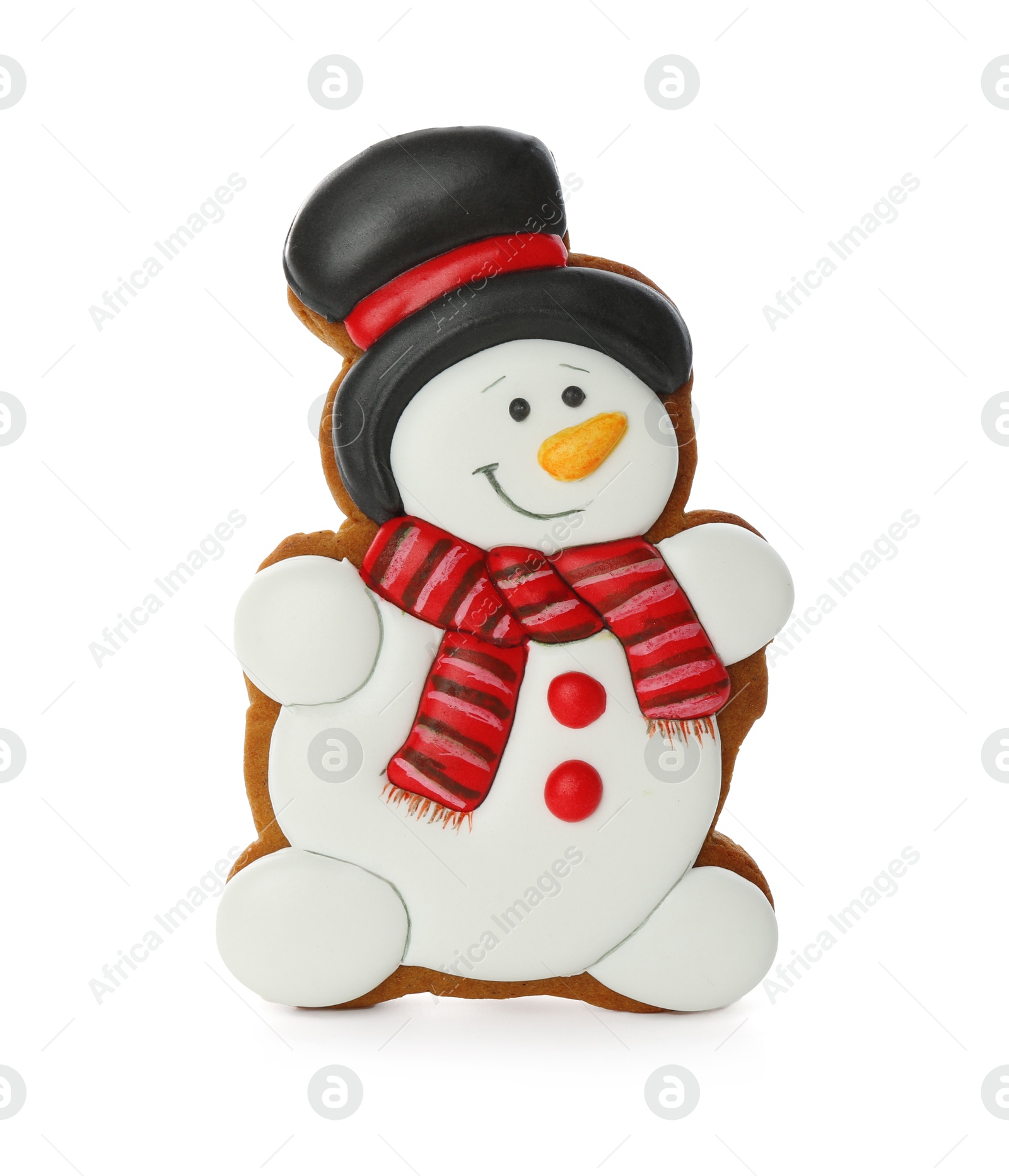 Photo of Tasty Christmas cookie in shape of snowman isolated on white