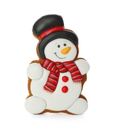 Photo of Tasty Christmas cookie in shape of snowman isolated on white