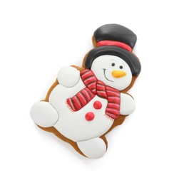 Photo of Tasty Christmas cookie in shape of snowman isolated on white