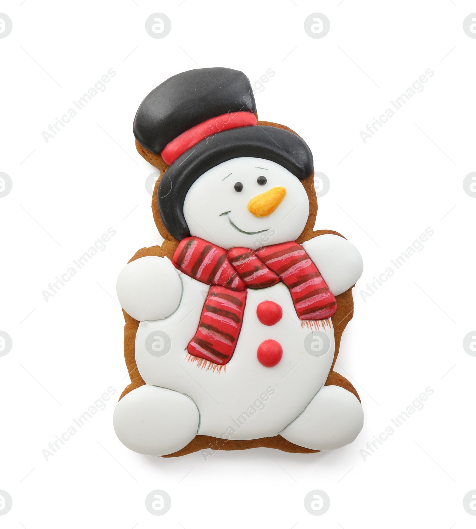 Photo of Tasty Christmas cookie in shape of snowman isolated on white