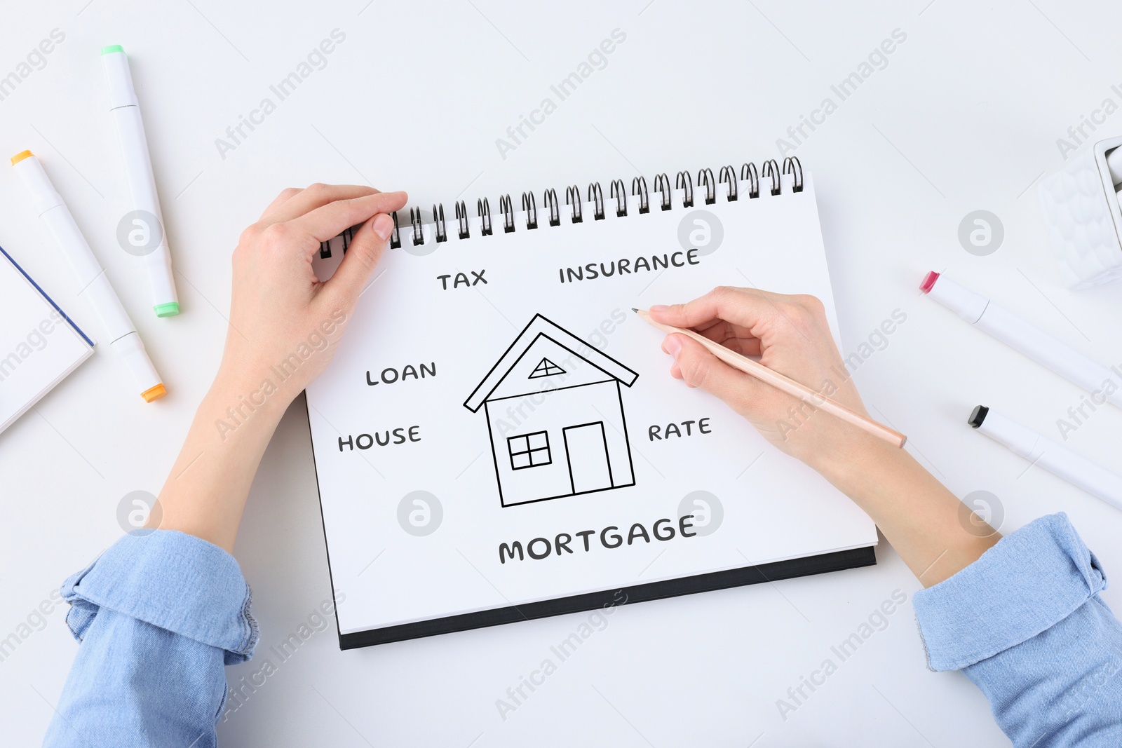 Image of Mortgage. Woman and notebook with drawing of house at white table, top view