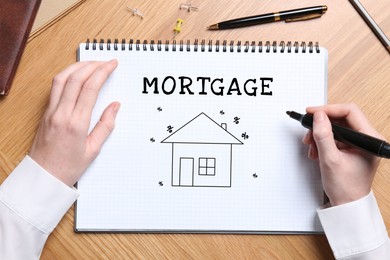 Image of Woman writing word Mortgage in notebook at wooden table, top view