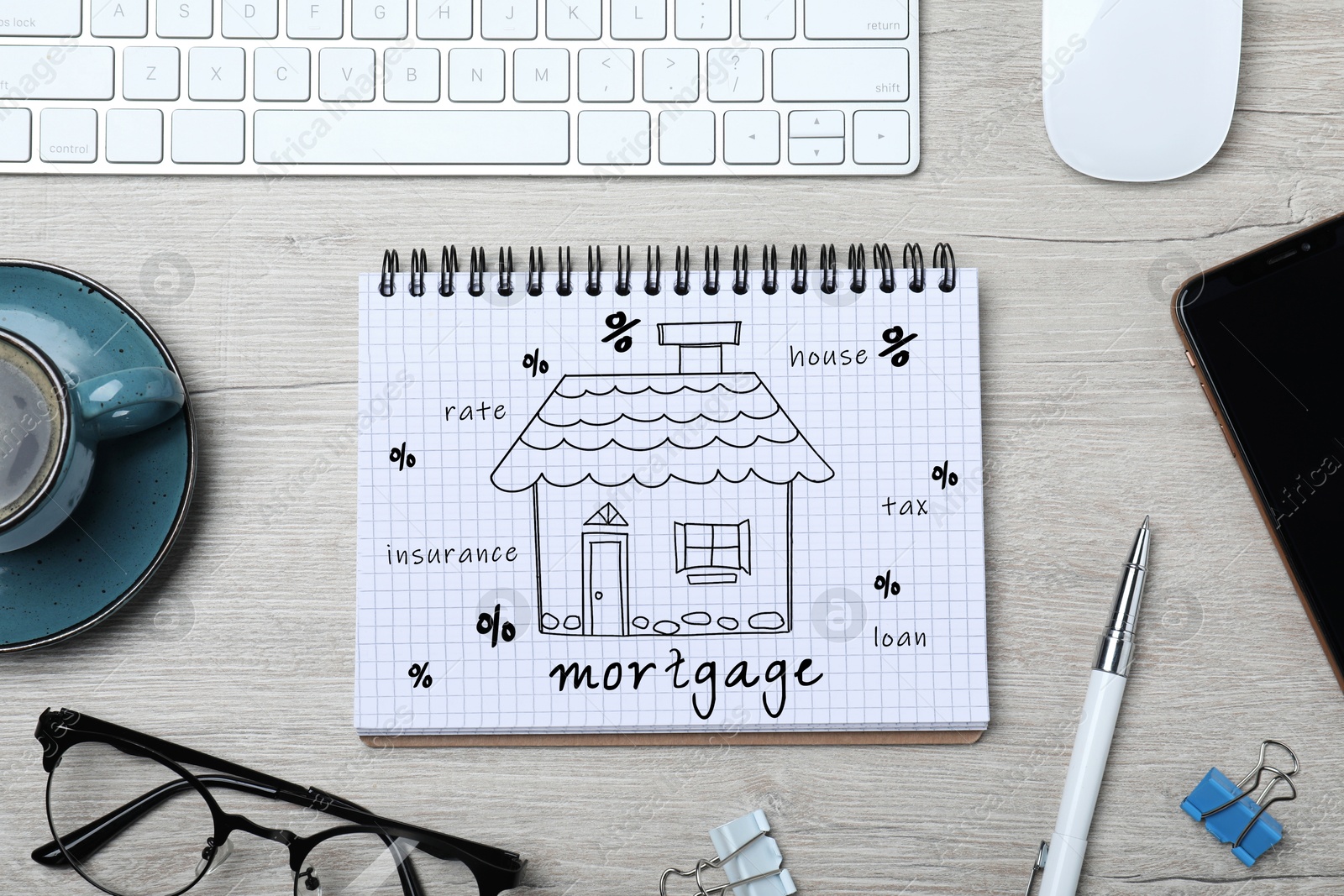 Image of Mortgage. Notebook with drawing of house, percent signs and words on white wooden table. Workplace with computer keyboard and mouse, top view