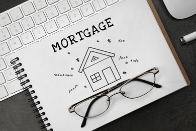 Image of Mortgage. Notebook with drawing of house, percent signs and words on black table. Workplace with computer keyboard and mouse, top view