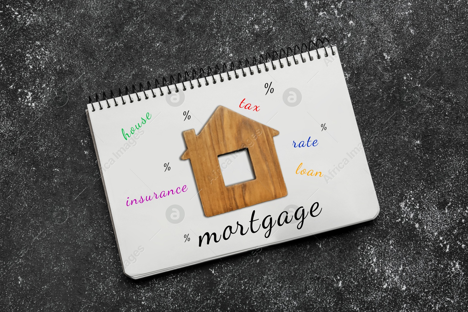 Image of Notebook with words and wooden house figure on dark table, top view