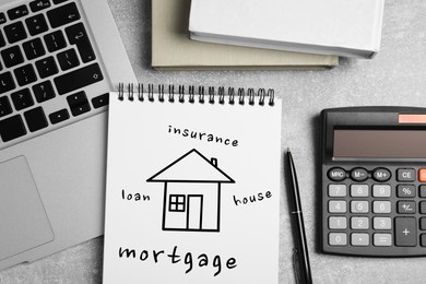 Image of Mortgage. Notebook with drawing of house and words on grey table. Workplace with laptop, top view