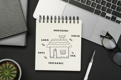 Image of Mortgage. Notebook with drawing of house, percent signs and words on black table. Workplace with laptop, top view