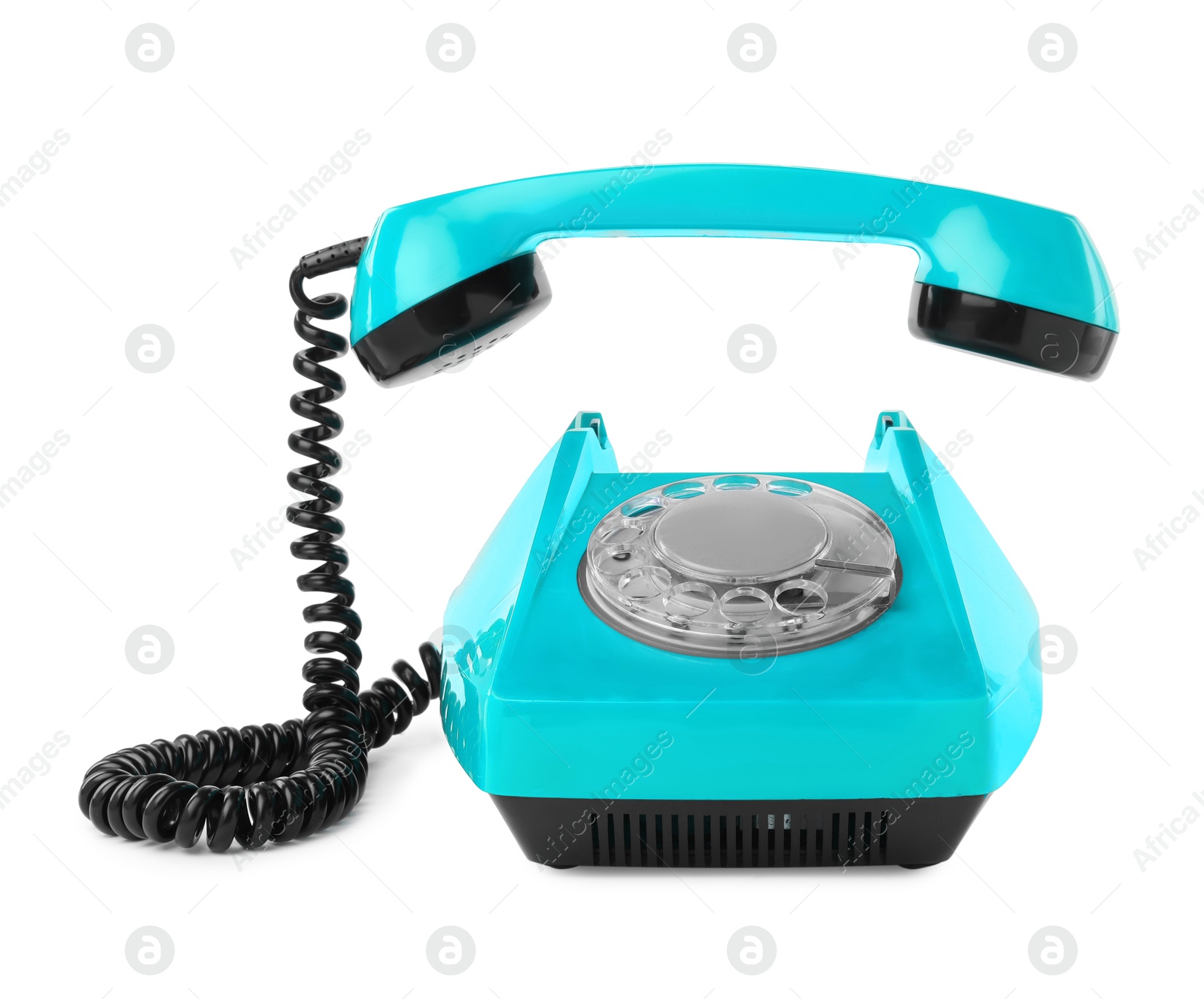 Image of Old light blue telephone with rotary dial isolated on white