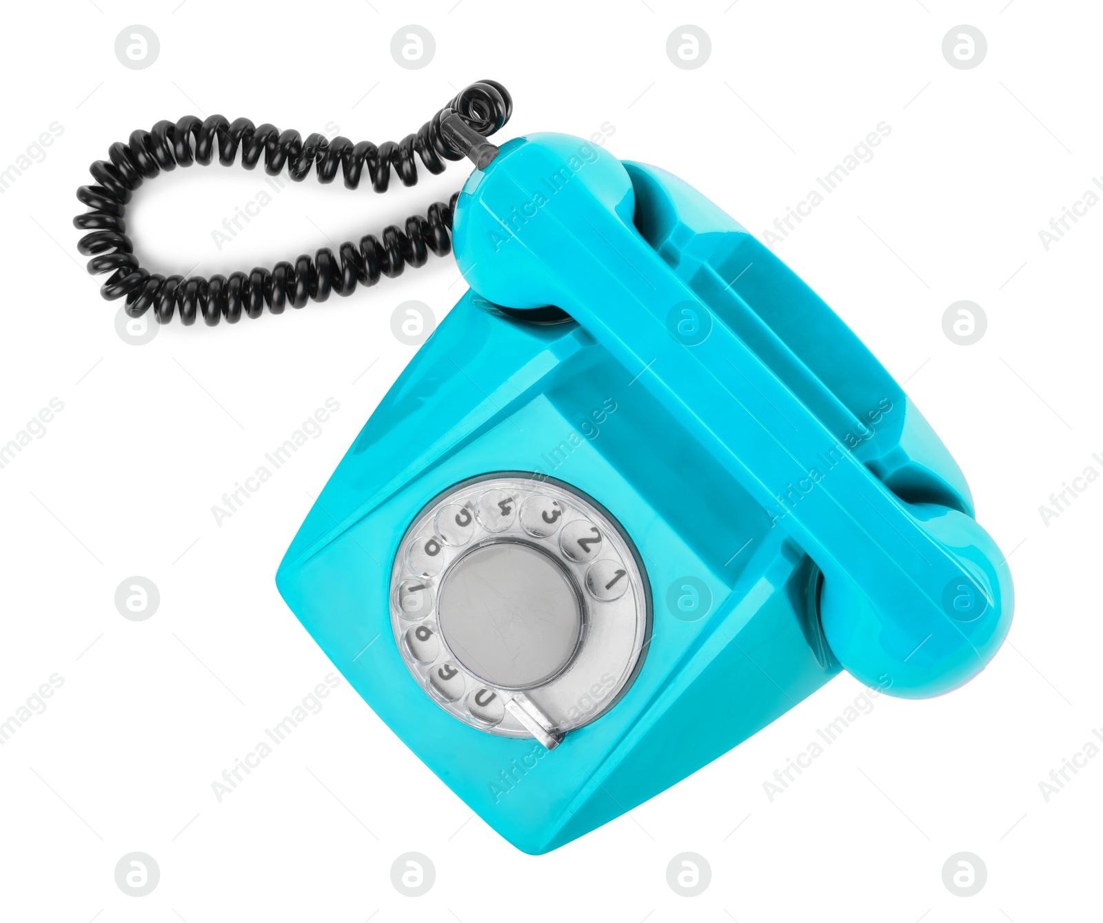 Image of Old light blue telephone with rotary dial isolated on white, top view