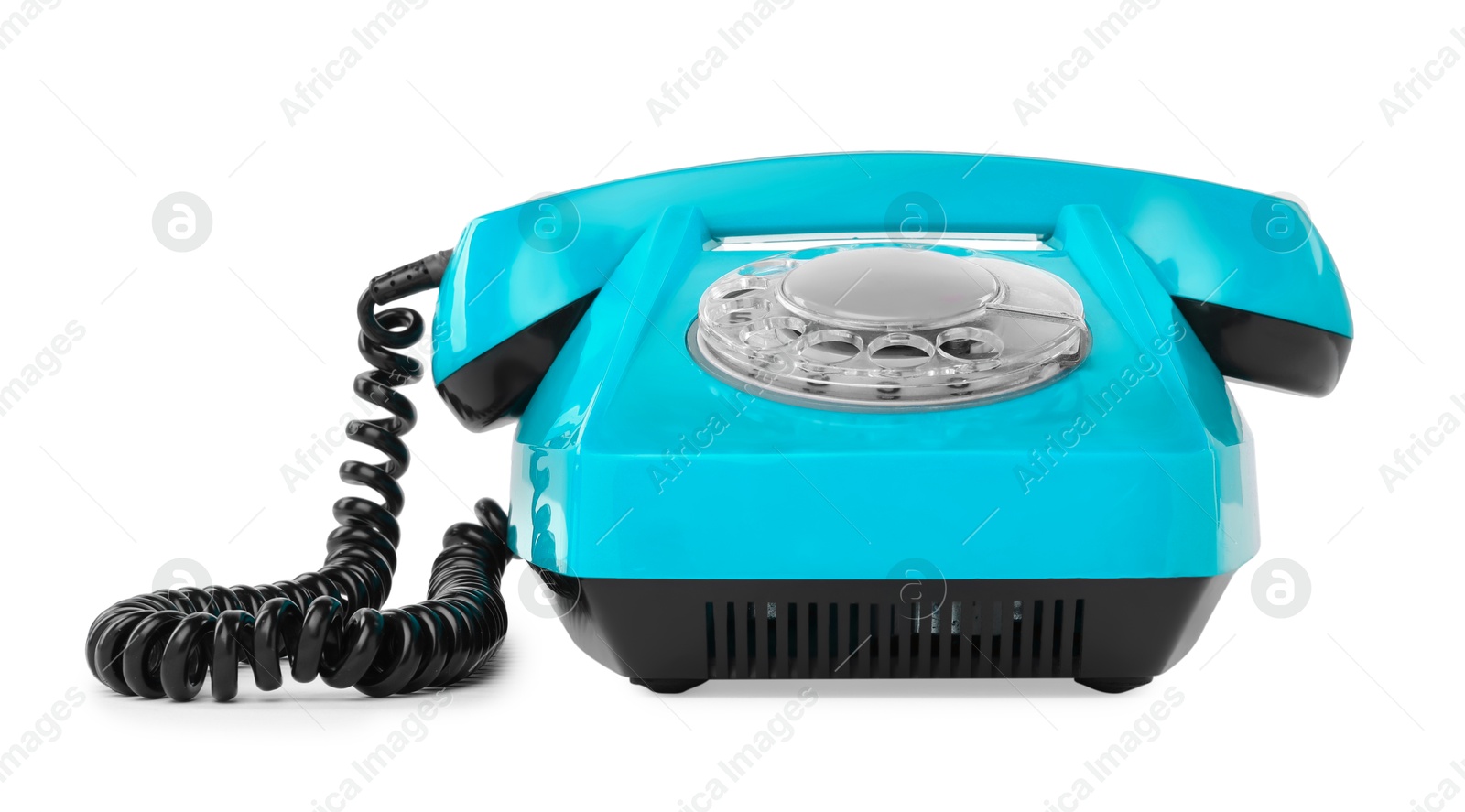 Image of Old light blue telephone with rotary dial isolated on white