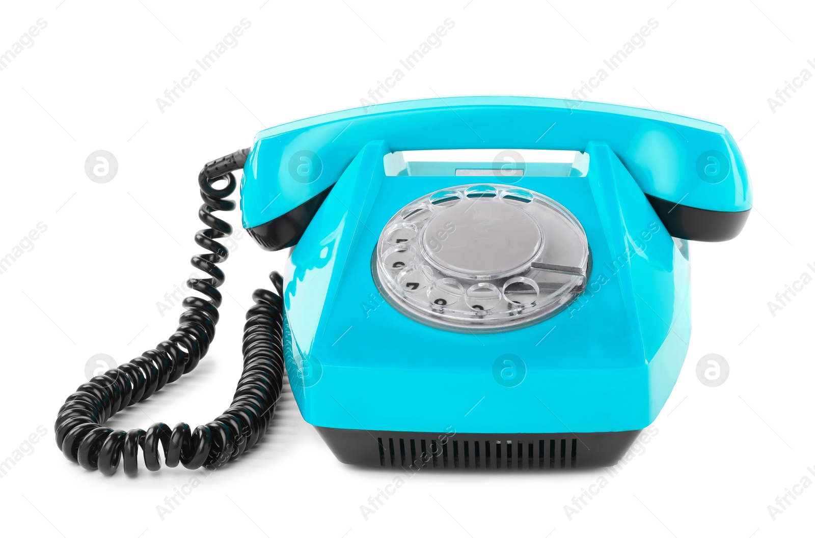 Image of Old light blue telephone with rotary dial isolated on white