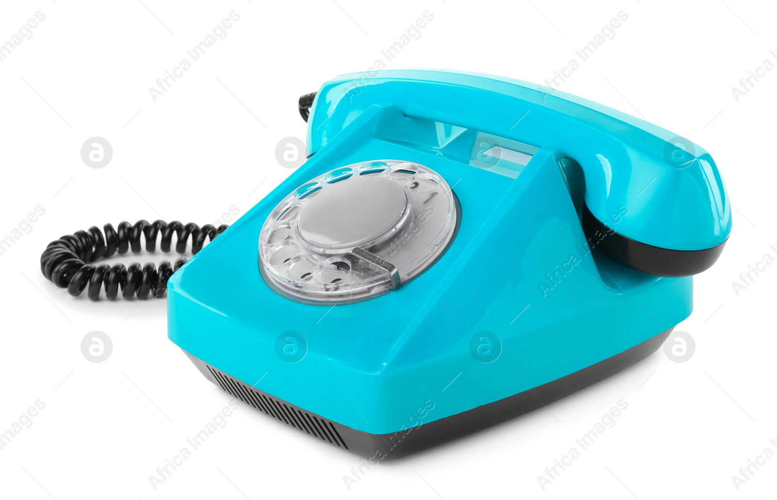 Image of Old light blue telephone with rotary dial isolated on white