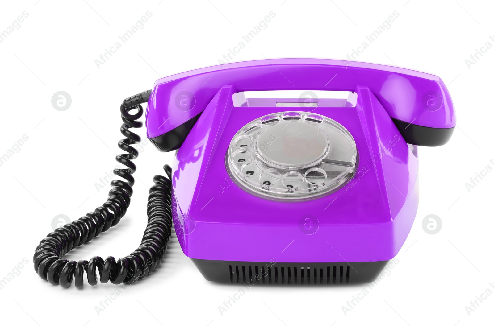 Image of Old violet telephone with rotary dial isolated on white