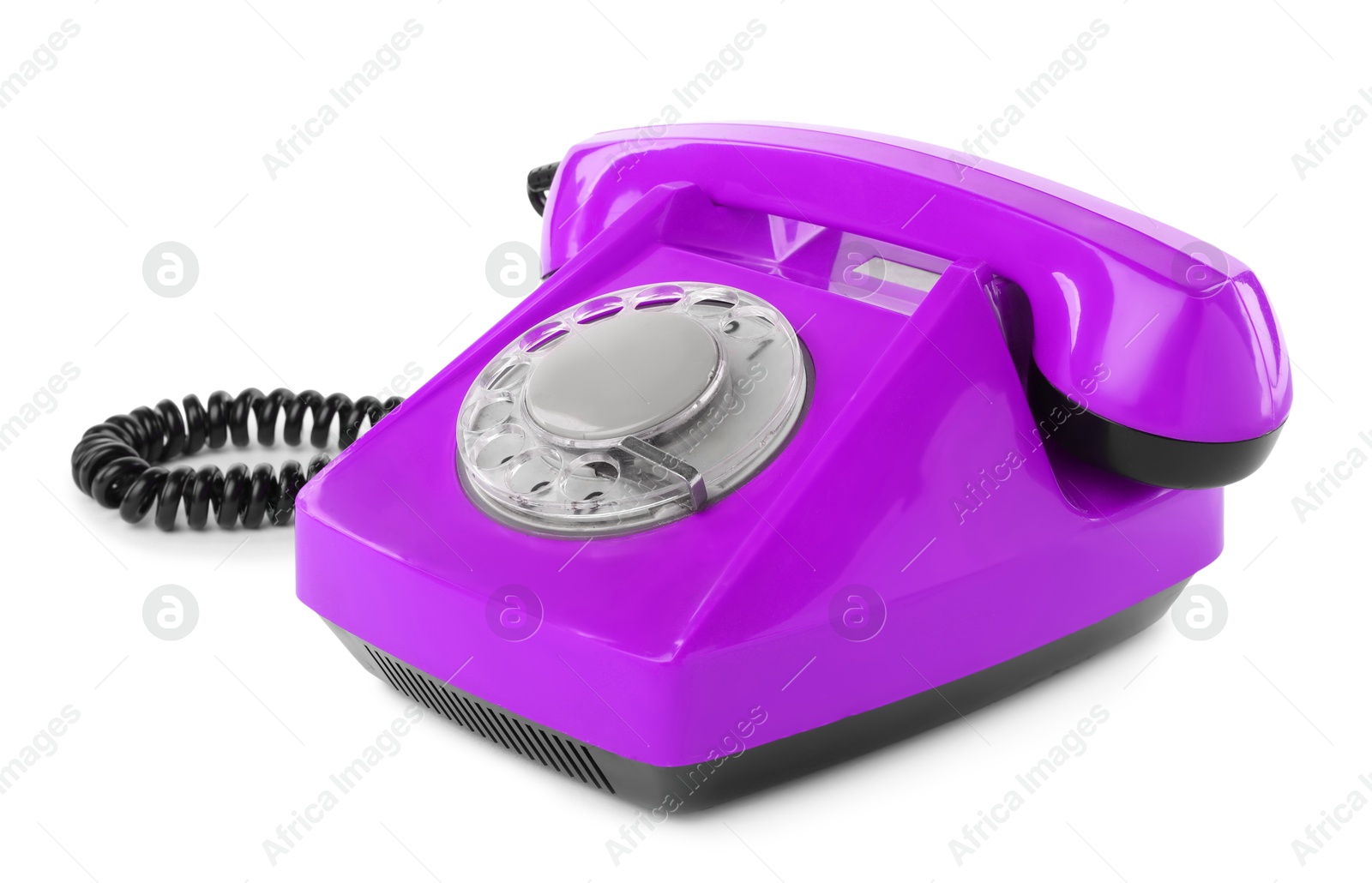 Image of Old violet telephone with rotary dial isolated on white