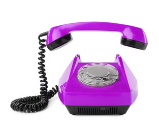 Image of Old violet telephone with rotary dial isolated on white