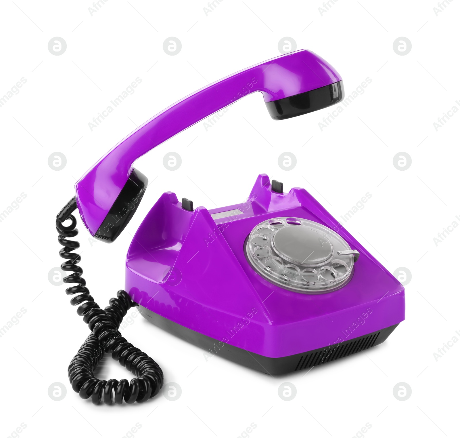 Image of Old violet telephone with rotary dial isolated on white