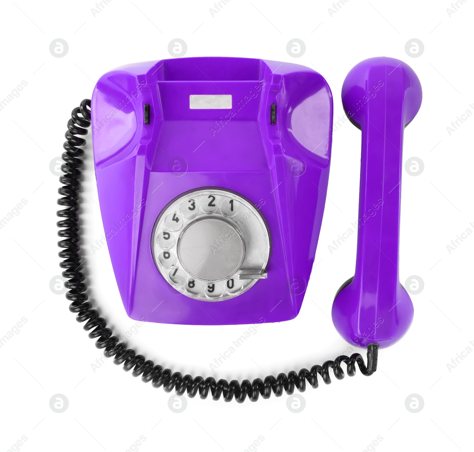 Image of Old violet telephone with rotary dial isolated on white, top view