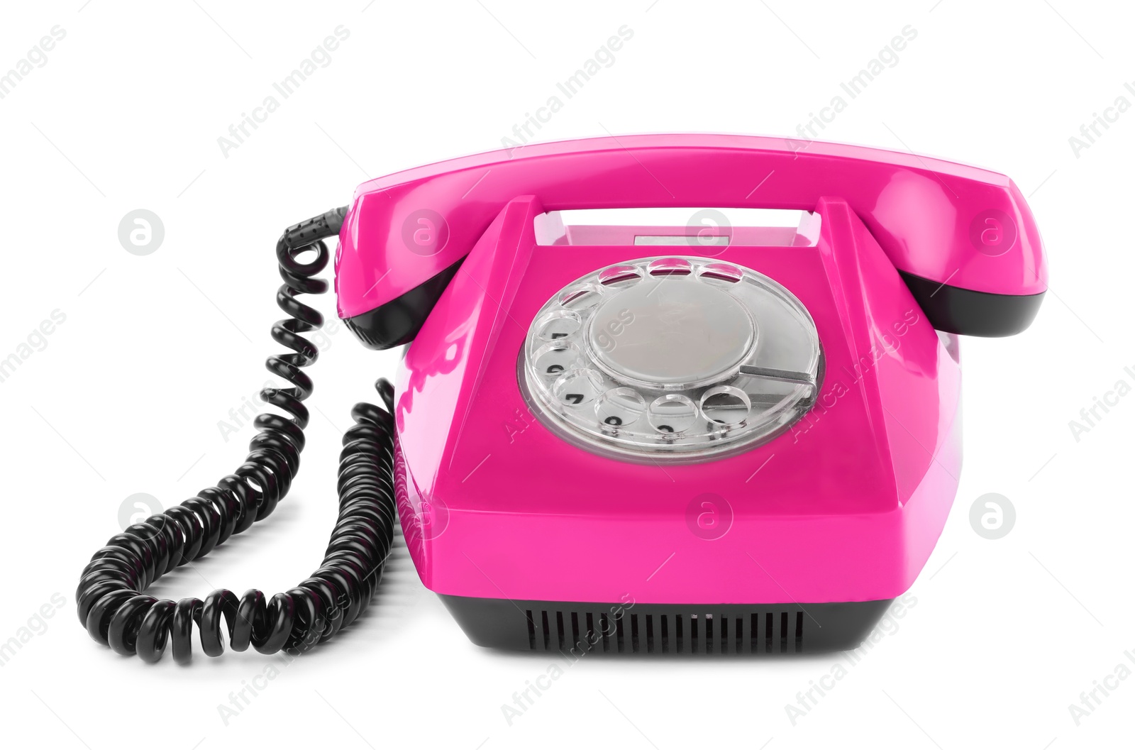 Image of Old magenta color telephone with rotary dial isolated on white