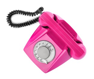 Image of Old magenta color telephone with rotary dial isolated on white, top view