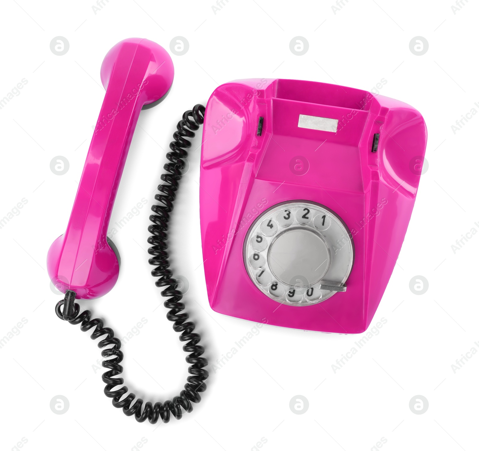 Image of Old magenta color telephone with rotary dial isolated on white, top view