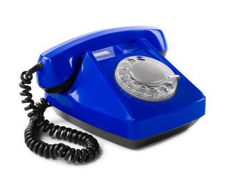 Image of Old blue telephone with rotary dial isolated on white