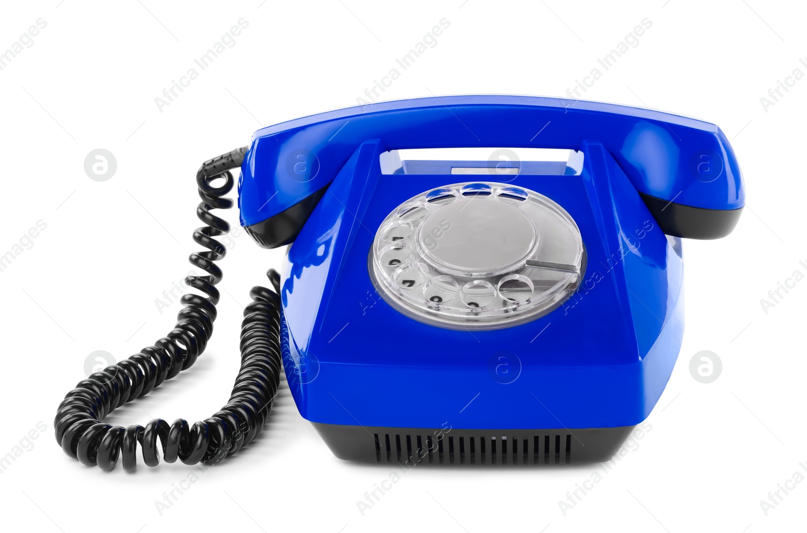 Image of Old blue telephone with rotary dial isolated on white