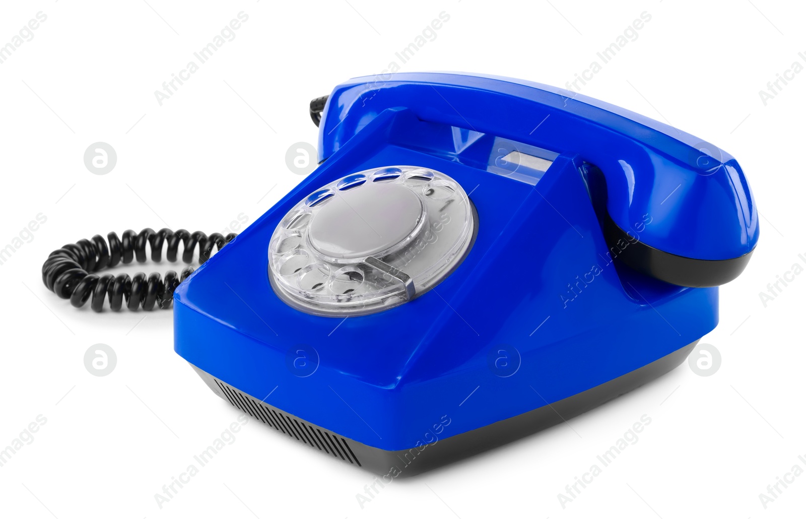 Image of Old blue telephone with rotary dial isolated on white