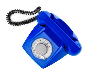 Image of Old blue telephone with rotary dial isolated on white, top view