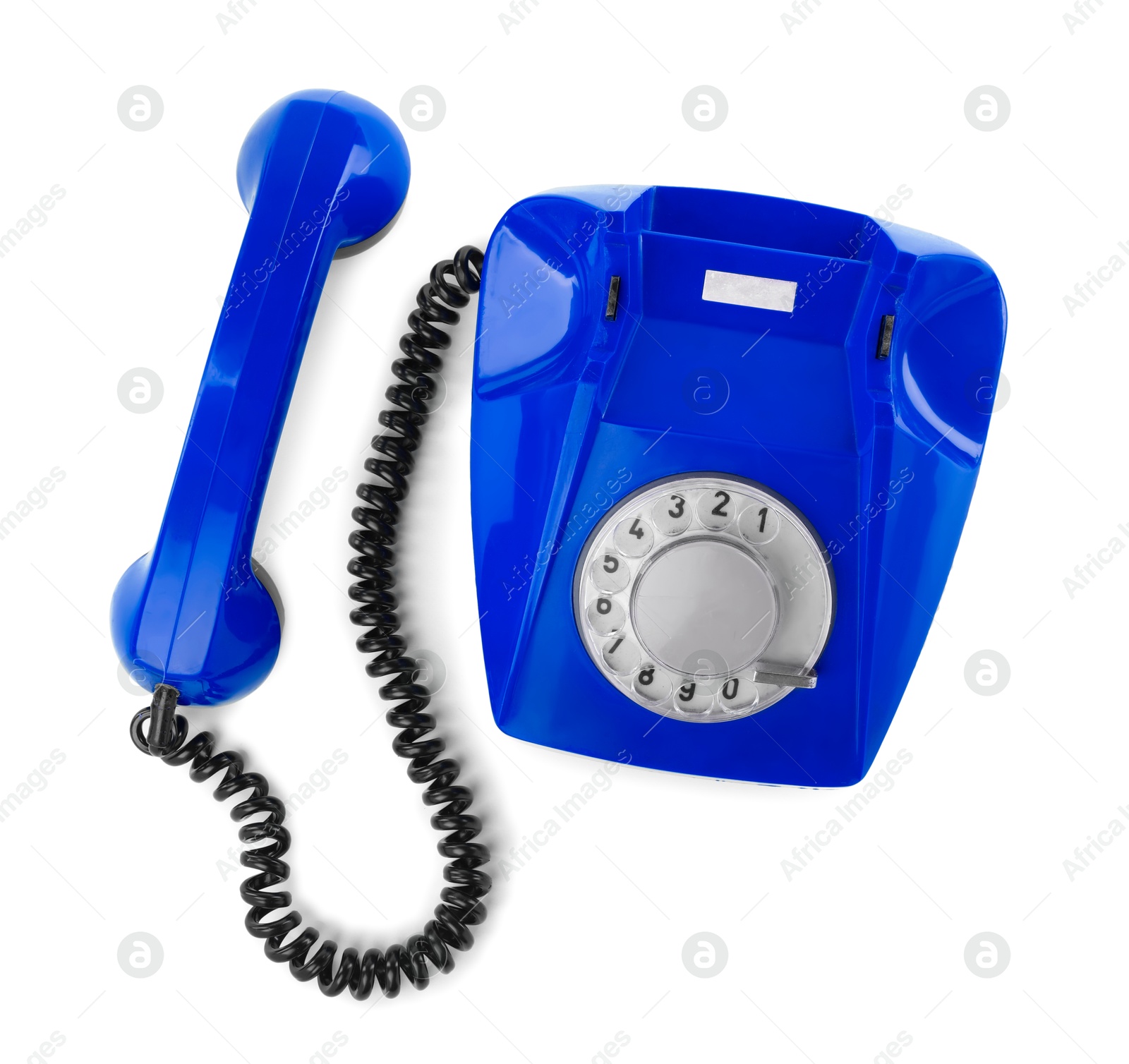 Image of Old blue telephone with rotary dial isolated on white, top view