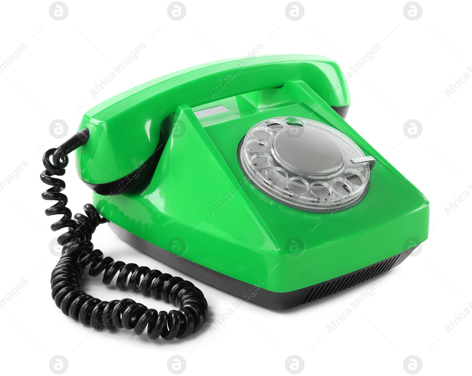 Image of Old green telephone with rotary dial isolated on white