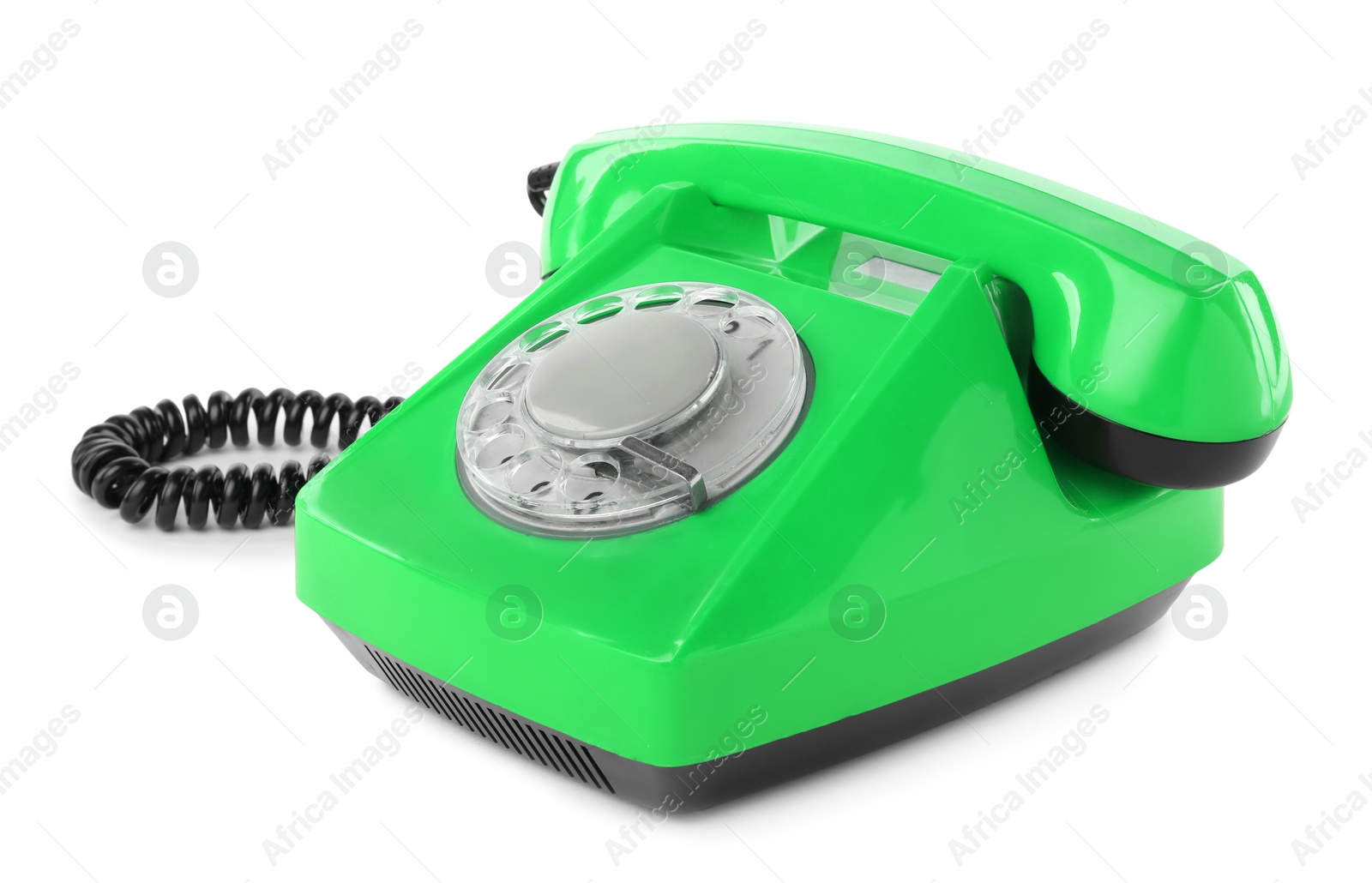 Image of Old green telephone with rotary dial isolated on white