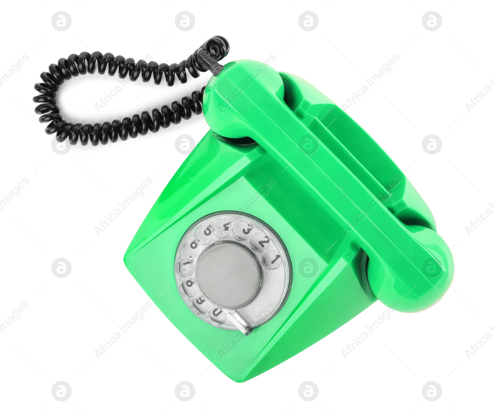 Image of Old green telephone with rotary dial isolated on white, top view