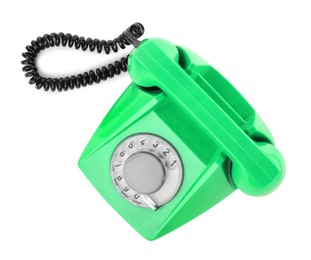 Image of Old green telephone with rotary dial isolated on white, top view