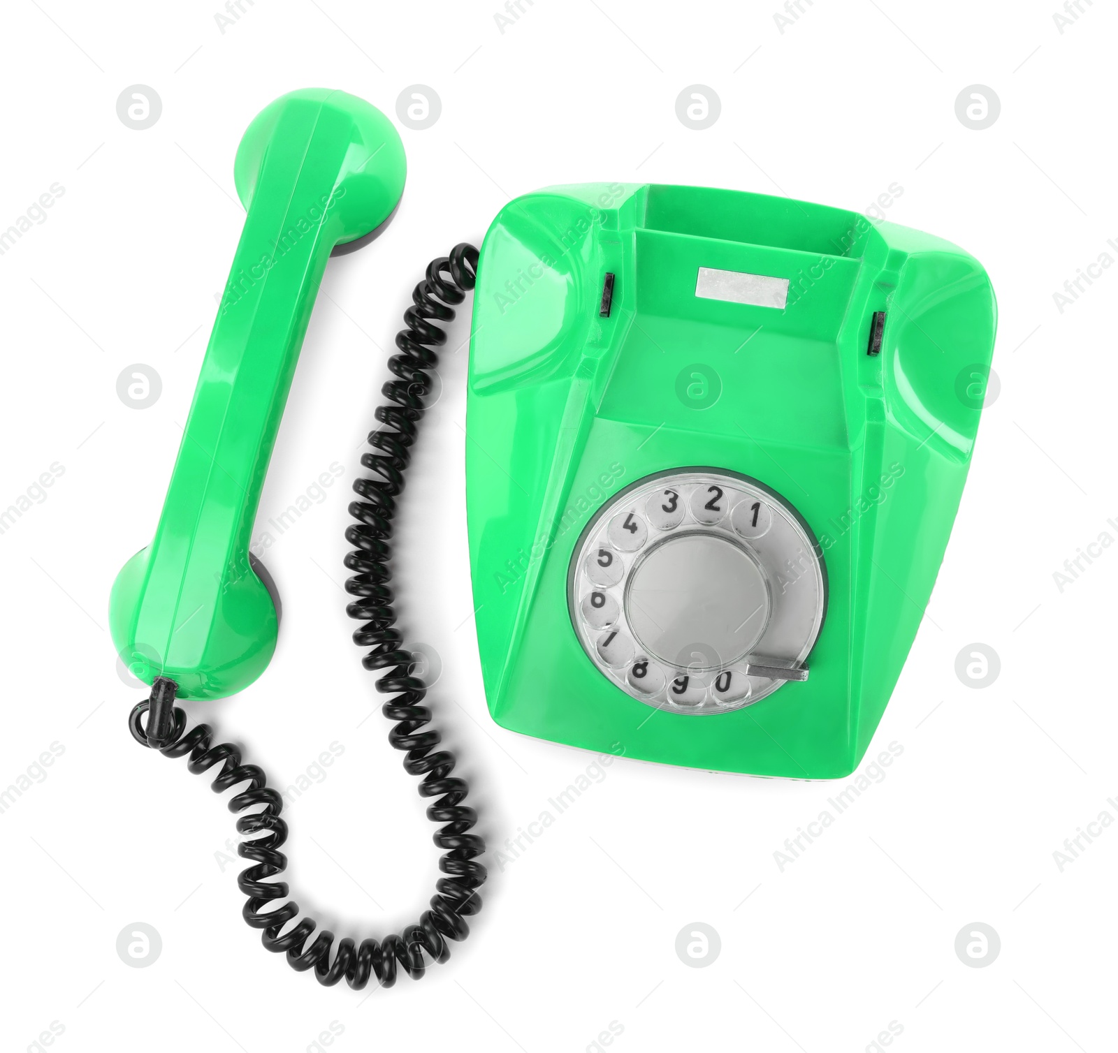 Image of Old green telephone with rotary dial isolated on white, top view